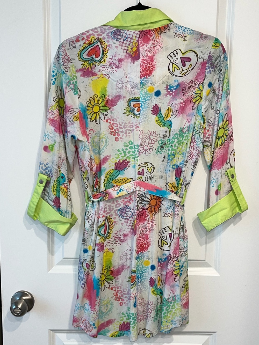 Ay Guey! Boho Art Women's Bright Colored Graffiti Design Button-Up Size S - Picture 4 of 7